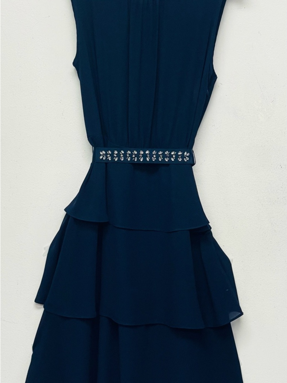 Joseph Ribkoff Navy Tiered Ruffle Dress with Jeweled Waist